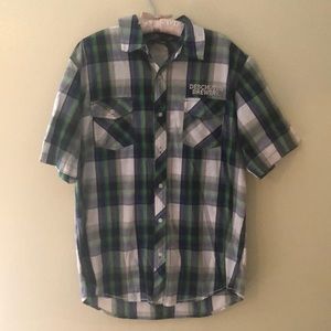 Plaid button down men’s shirt.